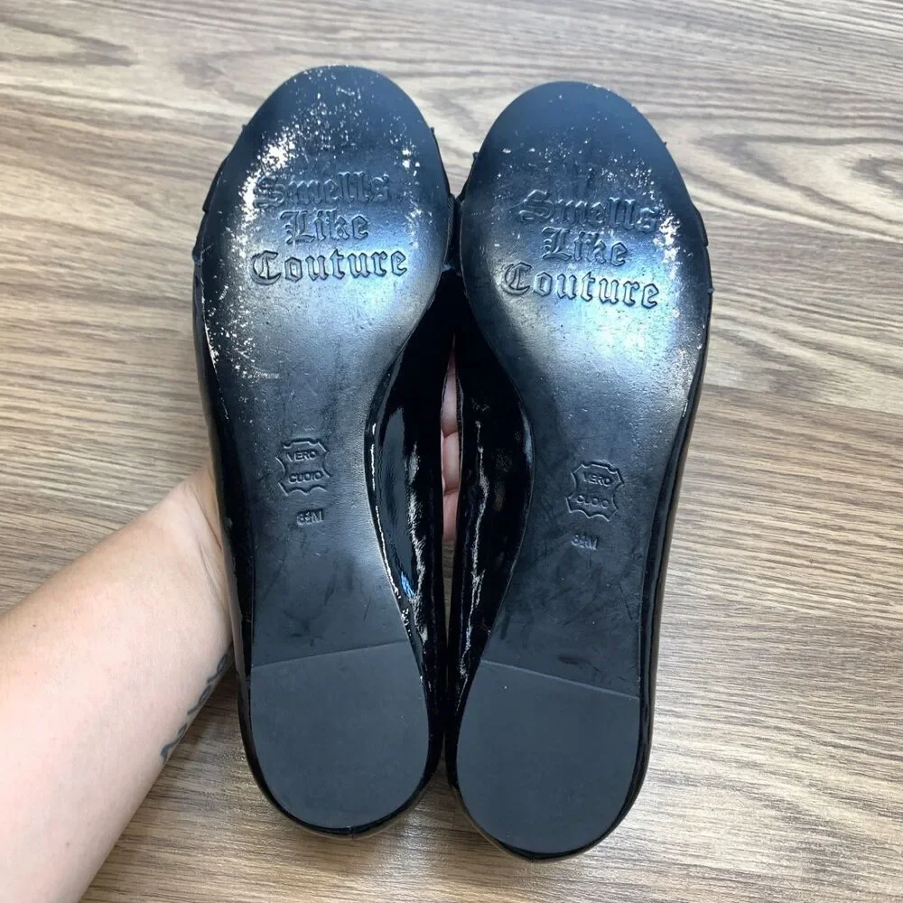 Juicy Couture ABBOTT‎ Black Patent Leather CRYSTAL JEWELED Flats Shoes 8.5 M